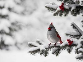 A cardinal bird sits on a branch in the snow photo