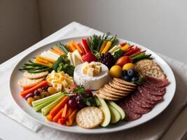 A platter of cheese, crackers, fruit and vegetables photo