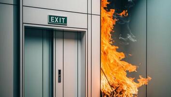 A fire is burning in an elevator door photo