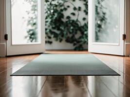 A yoga mat on the floor in front of a door photo