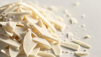 closeup texture of shredded white chocolate flakes dessert ingredient baking background. photo
