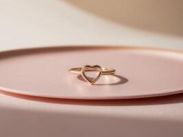 gold heart shaped ring rests on pink surface with smooth background. photo