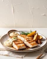 Deliciously Grilled Cod Fillets Served with Crispy Potato Wedges and Flavorful Creamy Sauce on a Rustic Plate Ideal for Culinary Enthusiasts and Food Bloggers. photo