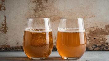 Two Glasses of Sparkling Apple Cider on Rustic Background. photo