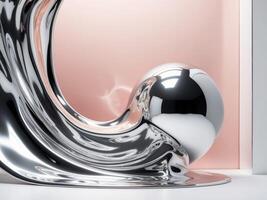 Unique metallic silver liquid background with blush accent. photo