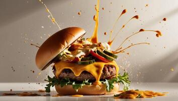 Exploding burger with vegetables and melted cheese. photo