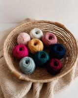 Variety of colorful yarn balls in a woven basket on a cozy knit blanket photo