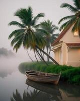 Morning mist over calm waters with a boat and palm trees in a tranquil setting near a cottage photo