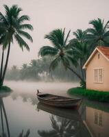 Morning mist over calm waters with a boat and palm trees in a tranquil setting near a cottage photo