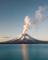 A volcano is seen from the water with smoke coming out of it photo
