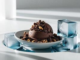 A bowl of ice cream with chocolate and walnuts photo
