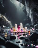 A crystal is sitting in a cave with crystals around it photo