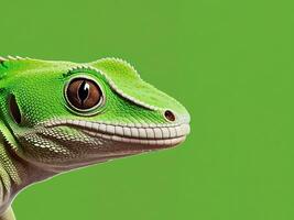 A close up of a green gecko's face with a bright green background photo
