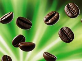 Floating coffee beans with a vibrant green blurred background for fresh coffee imagery photo