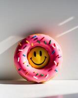 Pink donut with sprinkles and smiley face photo