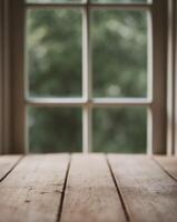 Wooden Tabletop Before a Blurred Green Window View photo