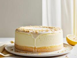 The soft texture of the lemon yoghurt cake has a hint of nutty a thin coating of almond photo