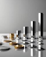 image depicts financial growth concept with coins and sparkling bars representing increasing value photo