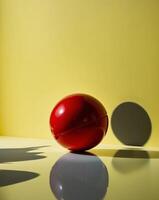 Bright yellow background with a red ball creating playful shadows and reflections photo