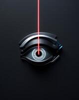 Cybernetic eye emitting a red scanning beam on a solid black background photo
