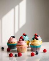 Colorful cupcakes with unique frosting and fresh berries create delightful treat photo