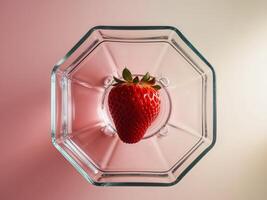 Refreshing Strawberry Extract on Empty Glass Podium Top View on Pink Background photo