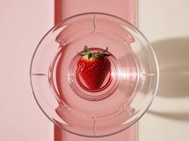 Refreshing Strawberry Extract on Empty Glass Podium Top View on Pink Background photo