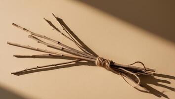 A bunch of twigs tied together on a wall photo