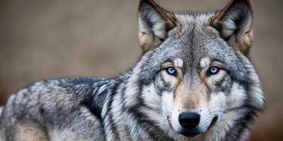 A wolf with blue eyes is looking at the camera photo