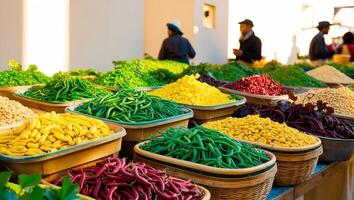 A variety of colorful vegetables are displayed in baskets photo