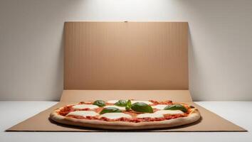 A pizza is sitting in a cardboard box on a table photo