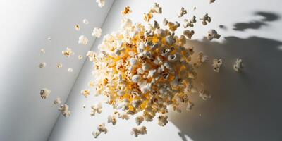 Popcorn popping on white surface photo