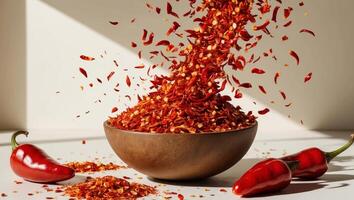 A bowl of red chili powder and red peppers photo