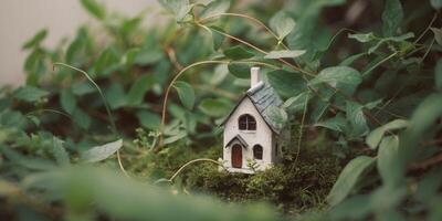 A miniature house is sitting in the middle of a green plant photo