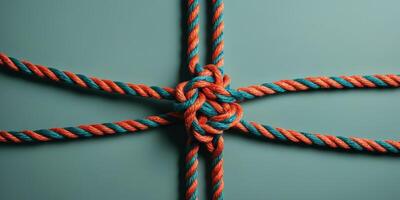 Close up of a colorful knotted rope on teal background symbolizing unity and teamwork photo
