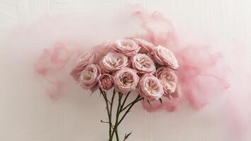 Cluster of roses emerging from soft pink fog photo