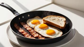 Savoring crispy bacon in a skillet with eggs and toast photo