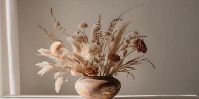 Elegant Muted Color Centerpiece with Dried Flowers Arranged in a Rustic Ceramic Bowl for a Serene Interior Aesthetic photo