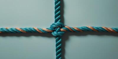 Close up of a colorful knotted rope on teal background symbolizing unity and teamwork photo
