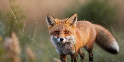 Curious little fox peeking through tall grass photo