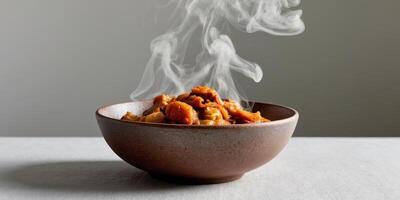 A bowl of food is steaming and has a lot of smoke coming out of it photo
