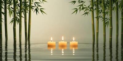 Serene Candles Float Gently On Calm Water Near Bamboo photo