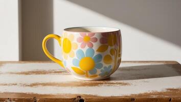 A colorful mug with a flower design sits on a wooden table photo