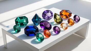 A collection of variously colored crystals arranged on a table photo