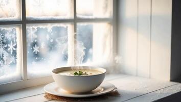 Steaming hot soup by the window on a snowy winter day photo
