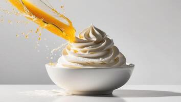 A bowl of whipped cream and orange juice splashing out of it photo
