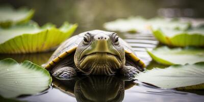 Wise old turtle in serene pond with lily pads photo