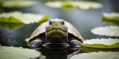 Wise old turtle in serene pond with lily pads photo
