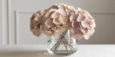 Exquisite Display of Fluffy Dried Hydrangeas in Soft Pastel Shades Perfectly Arranged in a Clear Vase for Home Decor photo