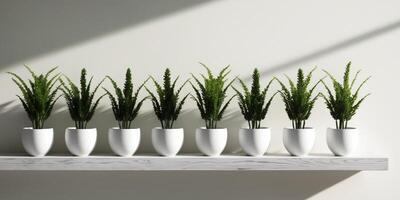 A row of potted plants are lined up on a shelf photo